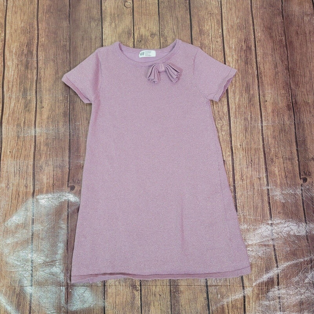 H&M Girls Dress Purple 6X/7 Sweater Sheath Short Sleeve Shimmer Bow‎